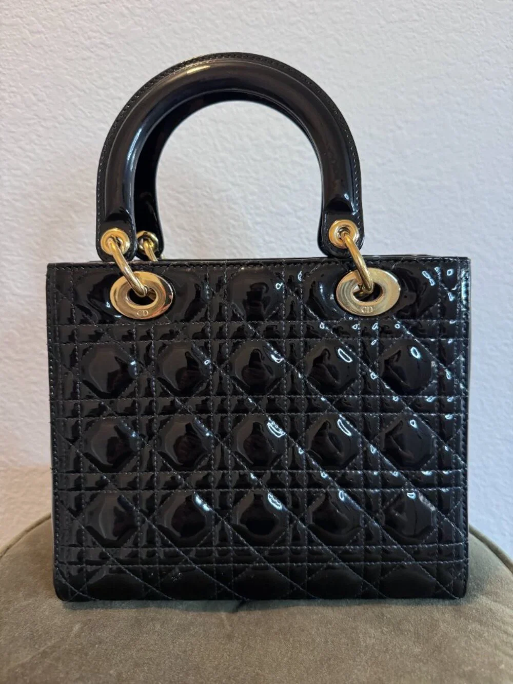 Christian Dior Lady Dior Black Patent Leather Cannage ZipTop Bag Authentic + COA